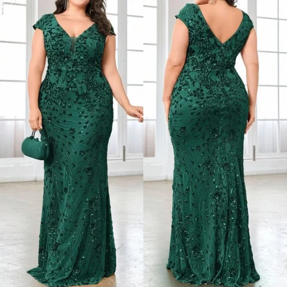 Luxe V neck sequin formal evening party dress